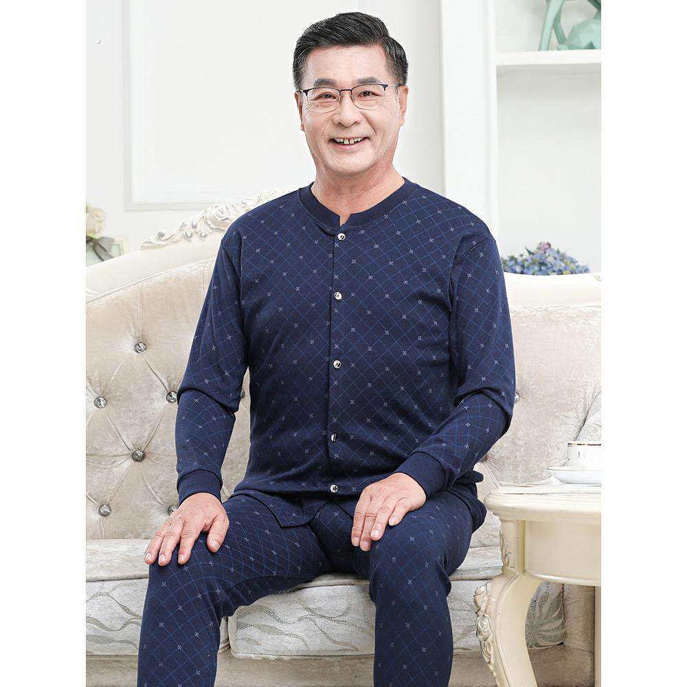 男士开衫秋冬季中老年人保暖内衣套装纯棉毛衫秋衣秋裤爸爸