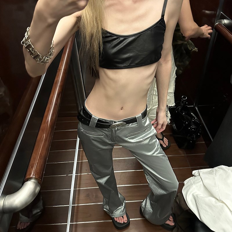 Common in 0120哑光银 低腰显瘦直筒休闲裤女修身微喇叭长裤