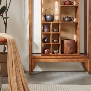 茶室藤家具多宝阁博古架展示柜靠墙藤编茶柜储物柜茶具茶杯置物架