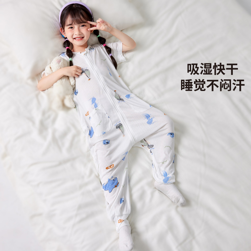 2023女童夏季薄款连体睡衣竹纤维儿童连体短袖睡衣防着凉宝宝睡袋