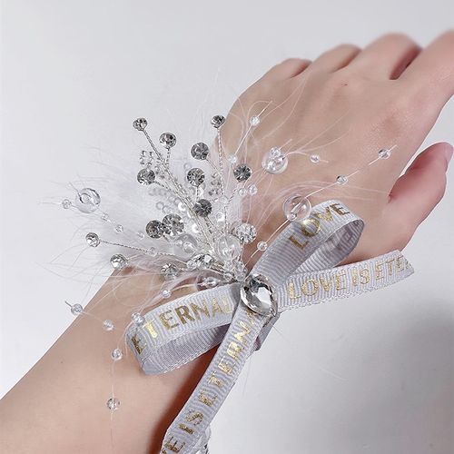 羽毛水晶手绑花新娘新郎胸花高级感伴郎伴娘儿童胸针礼服配饰品女