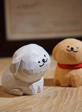 线条小狗手工木雕小摆件卡通可爱手绘办公室工位电脑桌面装饰品