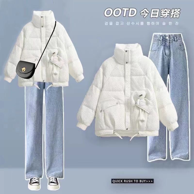 12到13一15岁大童女装秋冬套装初中学生少女卡通外套牛仔裤两件套