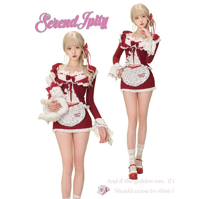 【甜品系】酒樱物语 白色针织吊带+红色包臀短裙+红色荷叶边开衫,女装/女士精品,时尚套装,淘宝优惠券,粉丝福利购,淘宝优惠卷