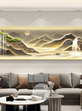 轻奢流水生财客厅装饰画led灯茶室山水画高级感沙发背景墙壁挂画
