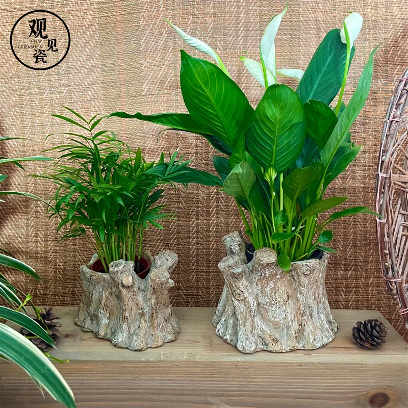 仿树桩异形多肉绿植花卉户外陶瓷泥花盆观见瓷