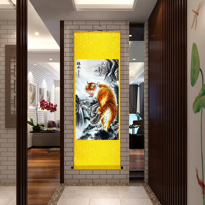 虎画国画上虎下虎画老虎图玄关猛虎挂画