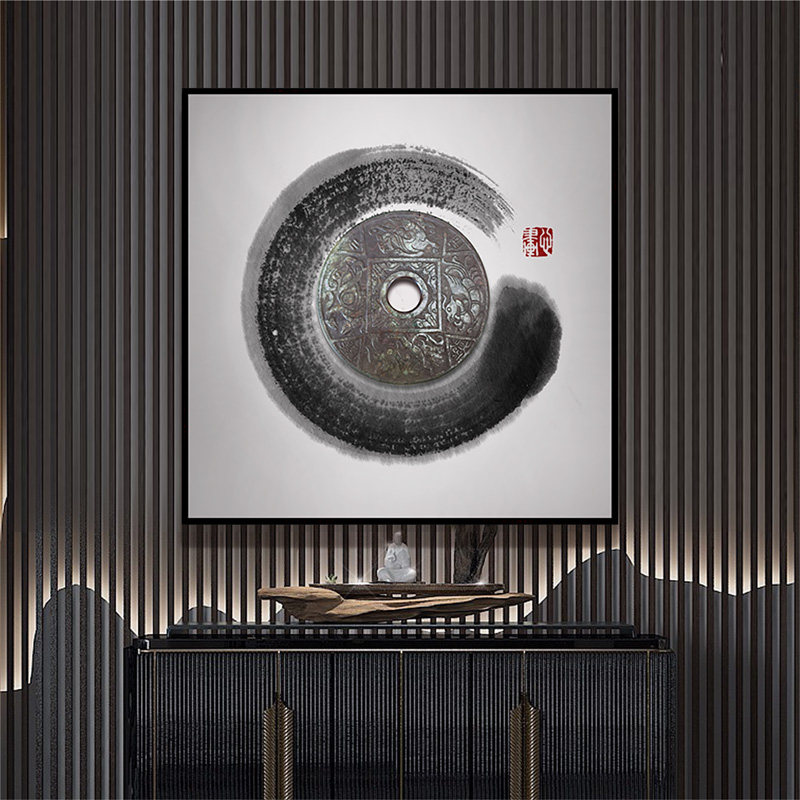 新中式玄关装饰画玉盘立体组合餐厅背景墙壁饰中国风三联挂画