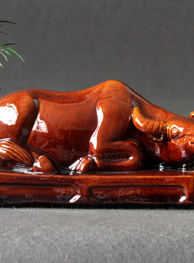 陶瓷卧牛十二生肖水牛黄牛家居客厅装饰品中式复古唐三彩