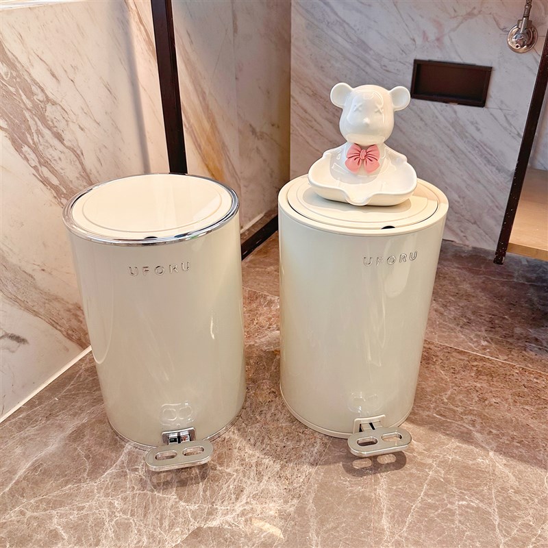 奶油色脚踏式垃圾桶缓降盖卫生间收纳桶