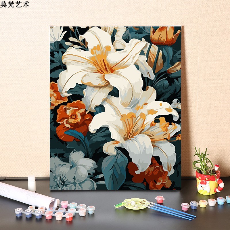 数字油画diy手工填充复古u大气百合花手绘装饰丙烯减压涂色油彩画图片