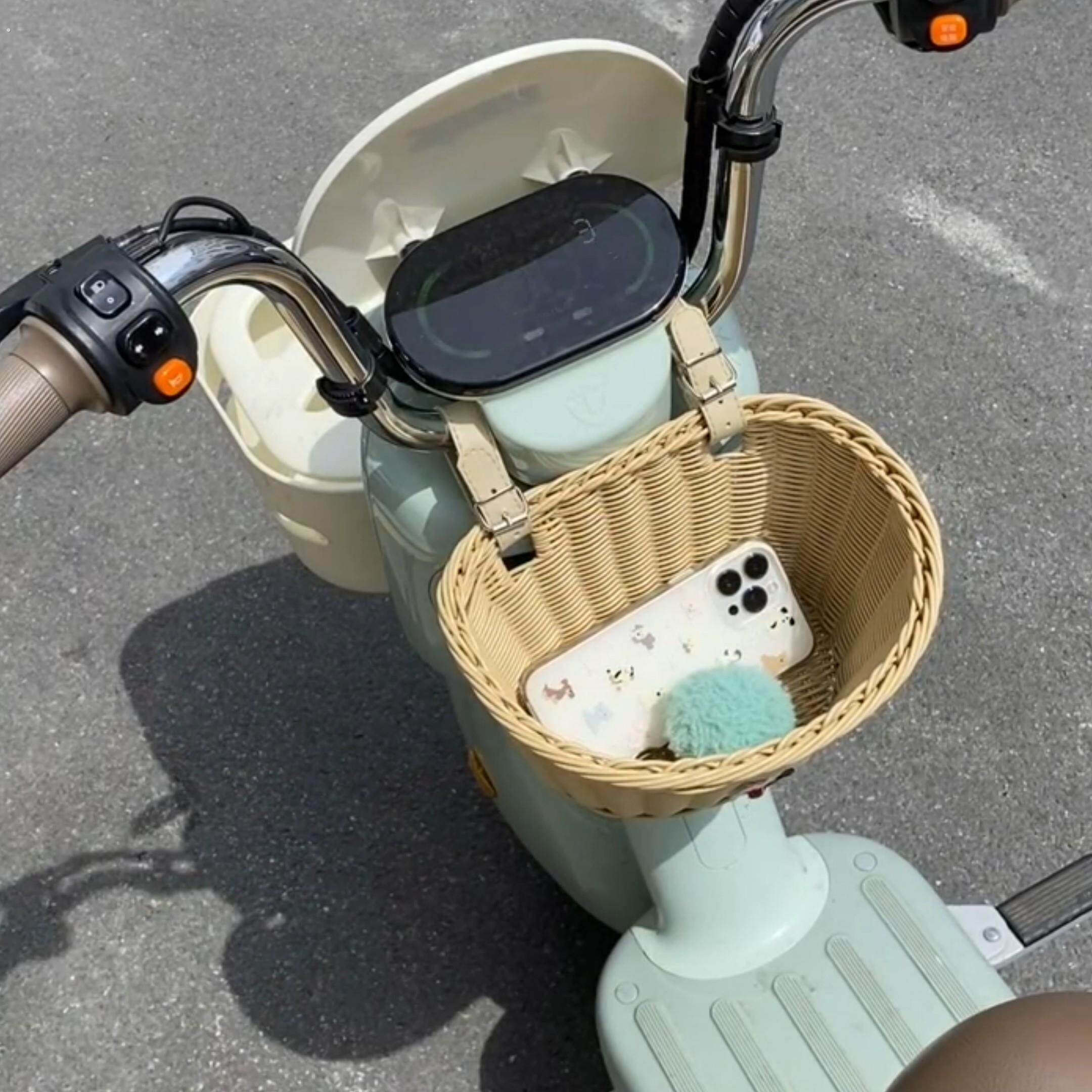 电动车前置竹编筐装饰小配件挂物兜防水收纳推车筐电动车改造