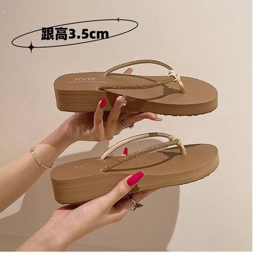 2025新款沙滩鞋拖鞋女夏时尚外穿海边厚底坡跟夹脚凉拖水钻人字拖