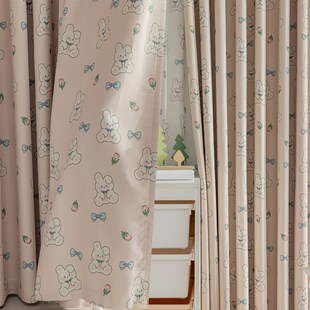 棉麻全遮光儿童成品窗帘粉色兔环保隔音定飘窗布帘