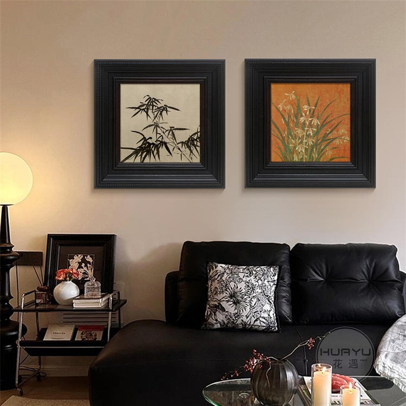 中古风竹画黑色方形复古框挂画入户玄关背景墙壁画