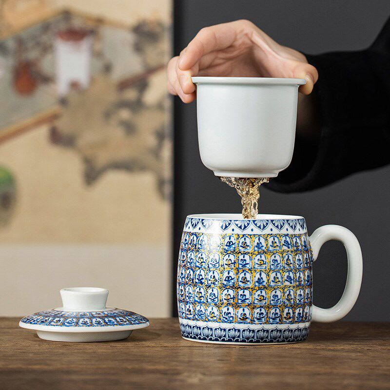 苏打釉陶瓷千佛陶瓷茶分离马克杯盖室过滤杯杯