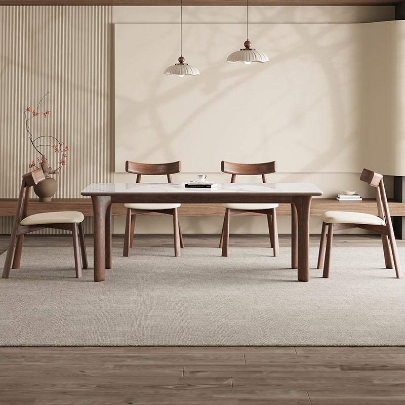 德利丰实木岩板餐桌小户型高端黑胡桃色新中式全托长方形吃饭桌子