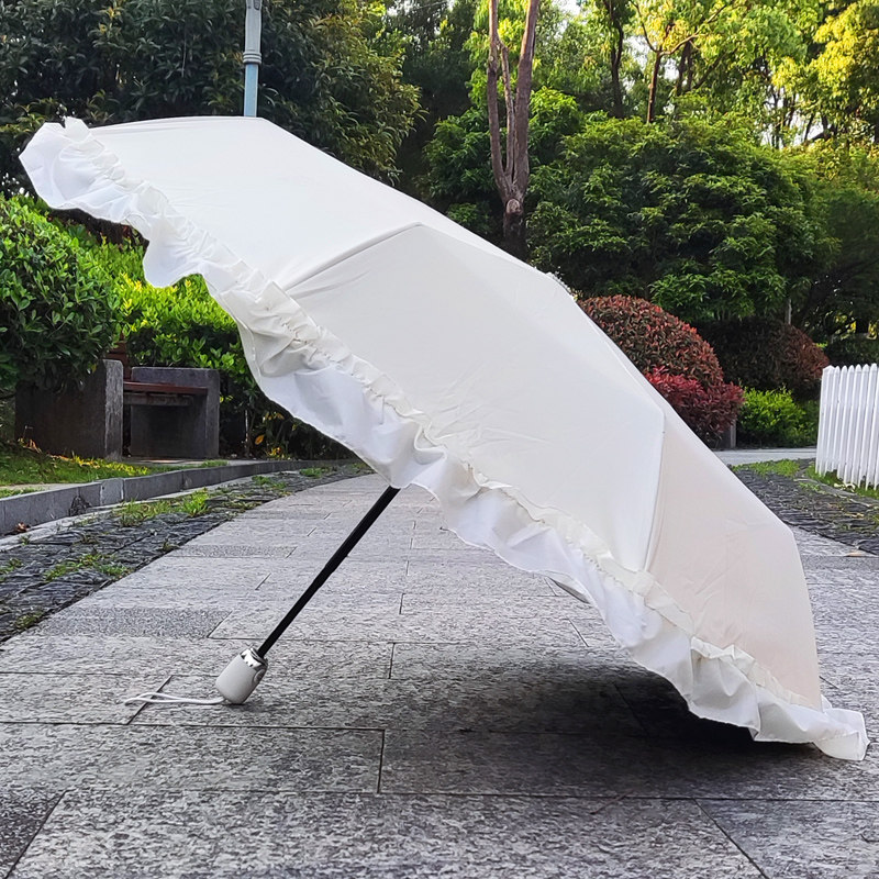 遮阳伞晒抗遮阳荷叶花边色全自动晴雨两用三折叠伞森系