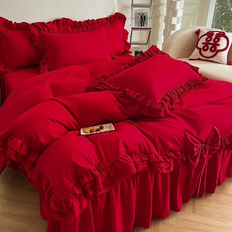 韩版蝴蝶结婚庆大红色牀单牀笠款四件套碳素磨毛多层花边双人被套