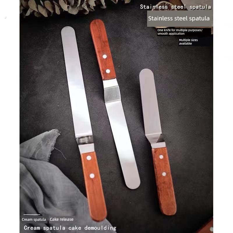 蛋糕奶油抹刀6寸8寸10寸木柄不锈钢直吻曲吻抹平脱模刮刀烘焙工具