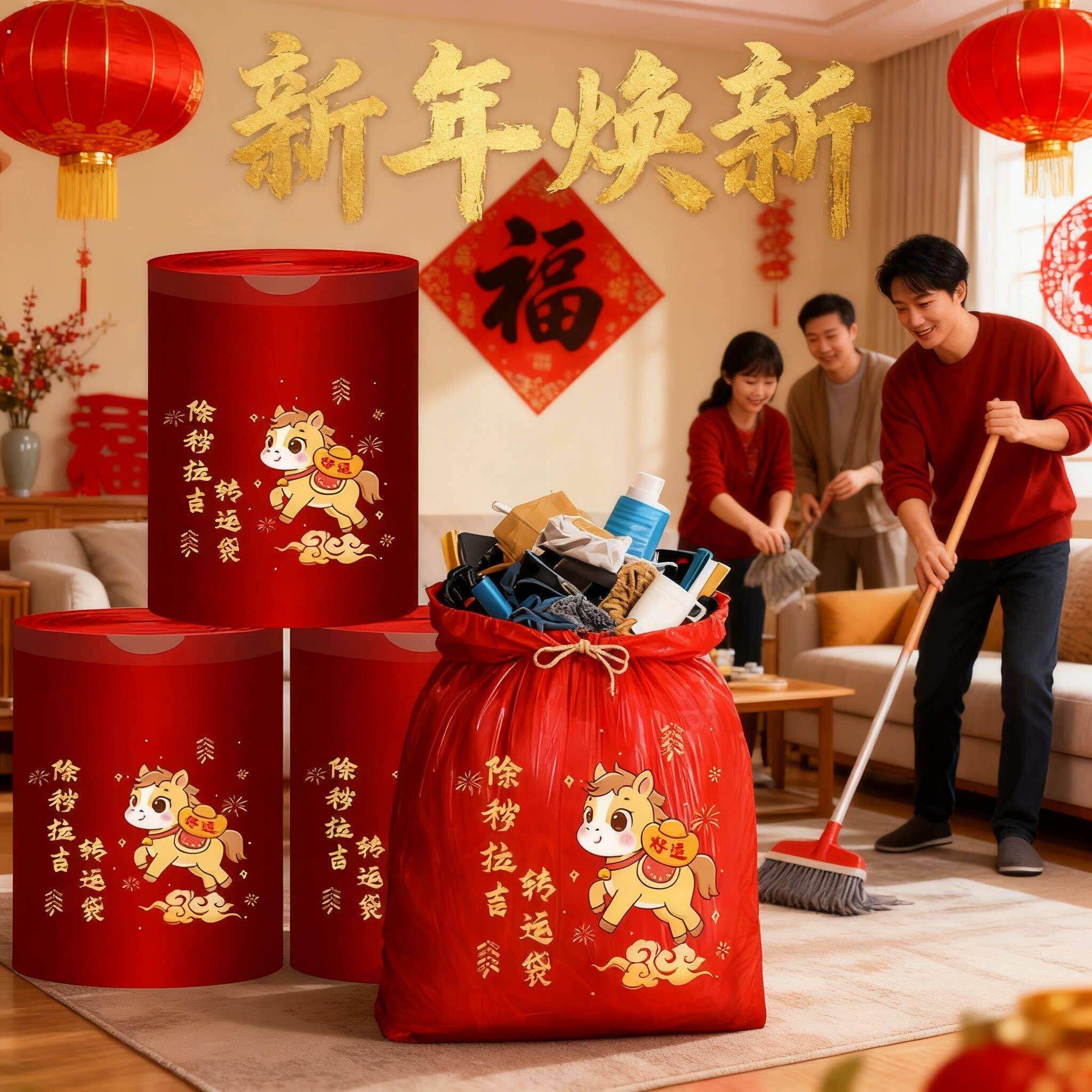 2026年马年红色除秽转运袋加大塑料袋手提加厚加大吉祥红色垃圾袋