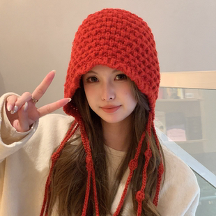 川西旅游红色镂空针织帽子女秋冬民族风手工编织流苏包头毛线冷帽