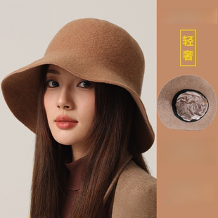 日系纯色羊毛渔夫帽子女士洋气显脸小毛毡盆帽秋冬英伦风复古礼帽
