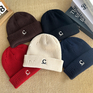 大头围帽子冬季双层保暖针织帽男女款C标休闲毛线帽复古护耳冷帽