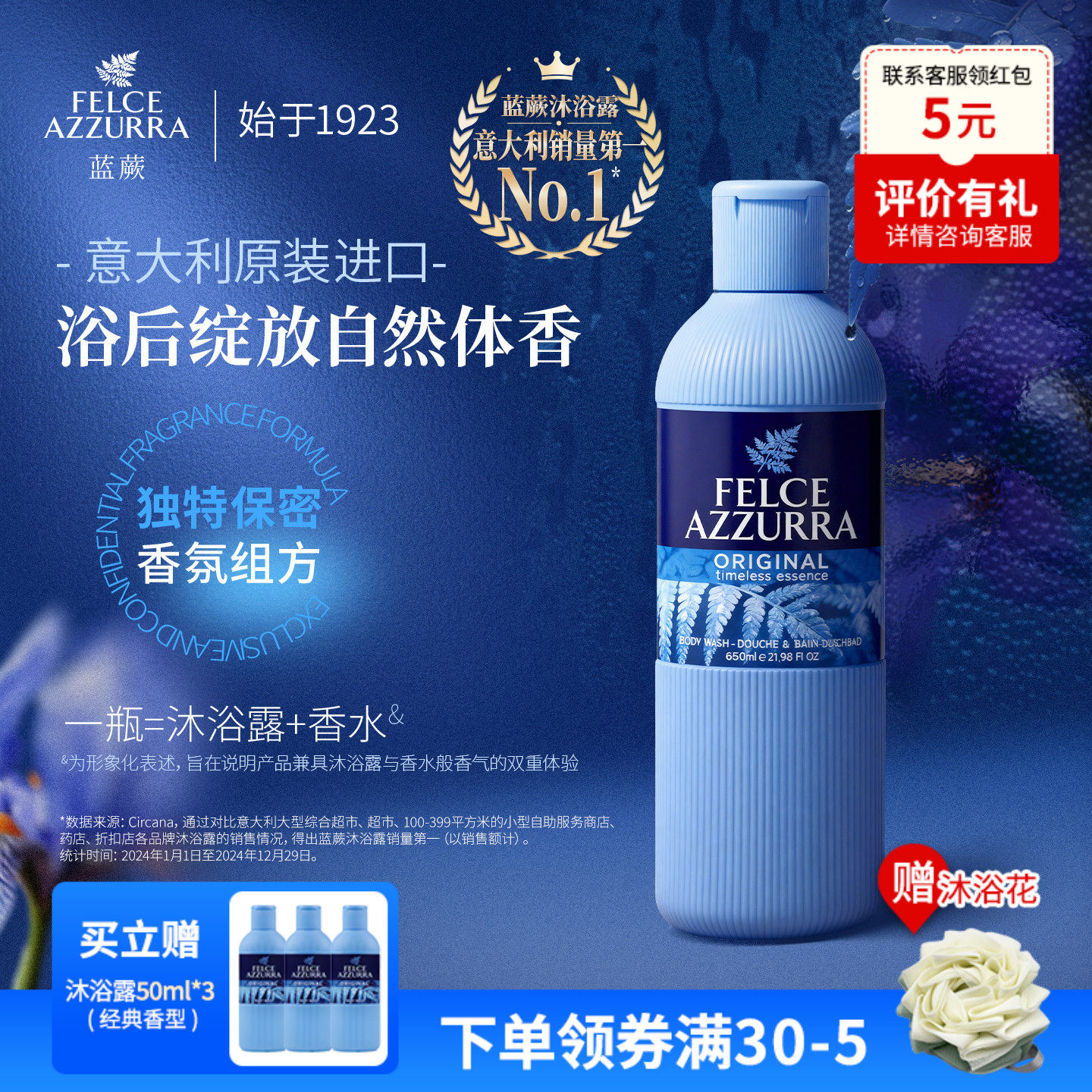 意大利原装进口蓝蕨香水级香氛沐浴露持久留香祛异味清爽薄荷啫喱