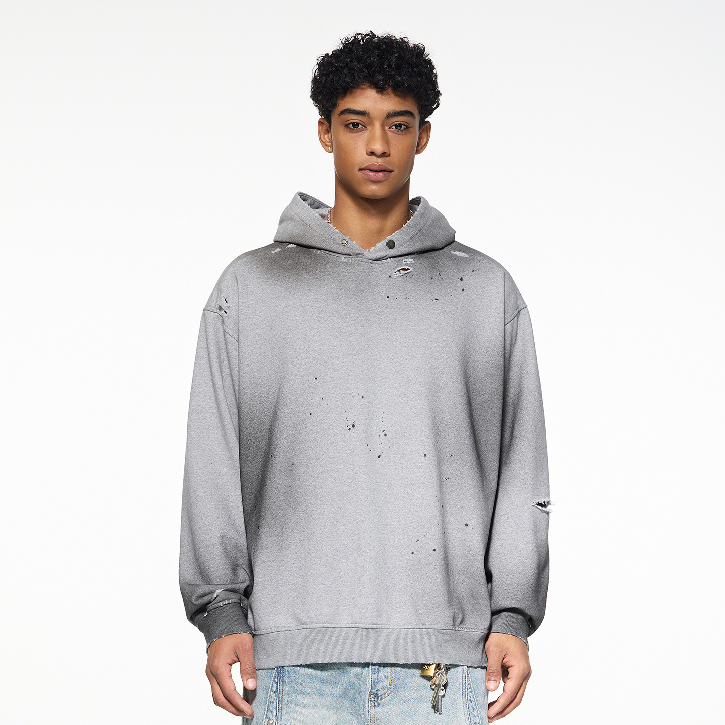 泼墨渐变破洞暗扣重磅卫衣