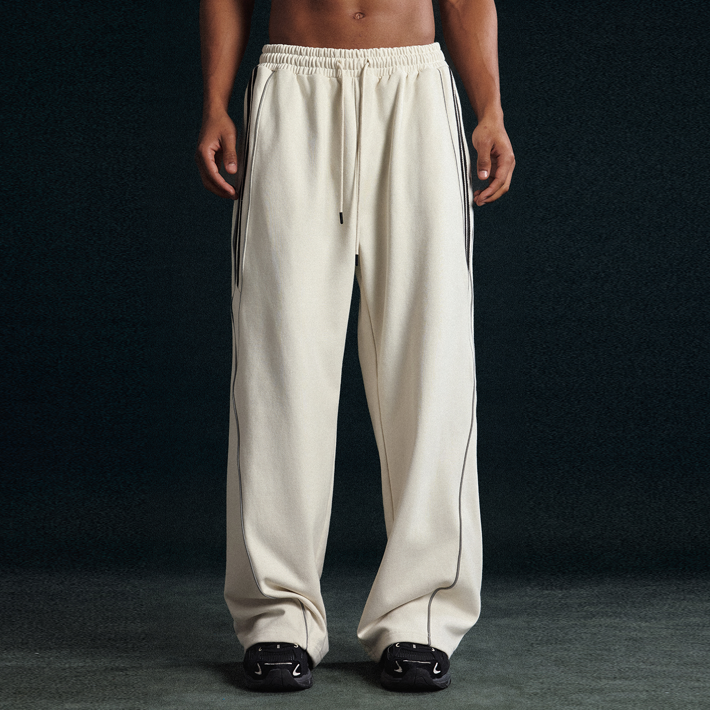 美式复古条纹拼接直筒裤