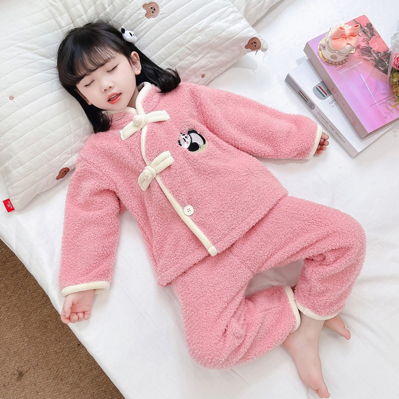 女童珊瑚绒睡衣2024秋冬新款儿童宝宝中式国风盘扣外穿家居服套装