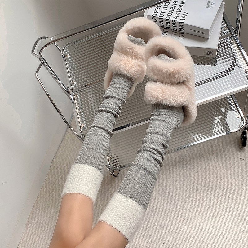 拼接长筒袜秋冬女毛球拼色过膝袜本命年红色毛绒加厚jk小腿袜子靴