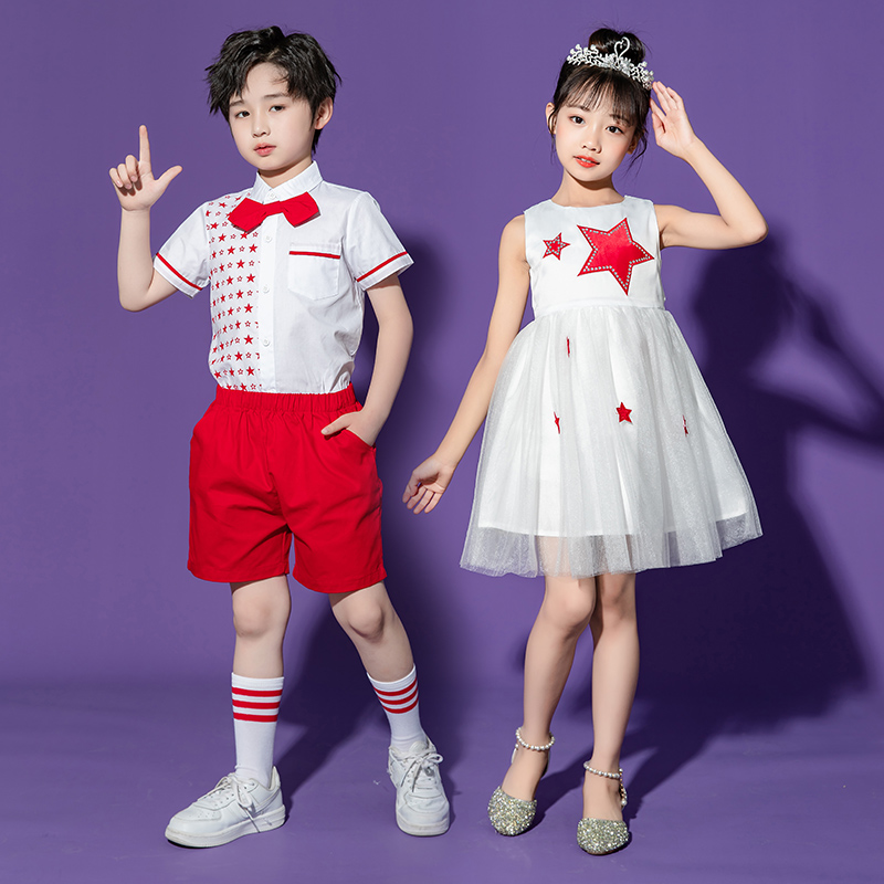 六一儿童主持人合唱演出服夏装衬衫连衣裙套装男女童五角星蓬蓬裙
