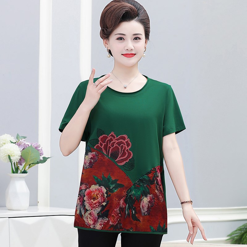 中老年女装短袖T恤绣花加肥加大妈妈上衣弹力纯棉打底衫套头200斤