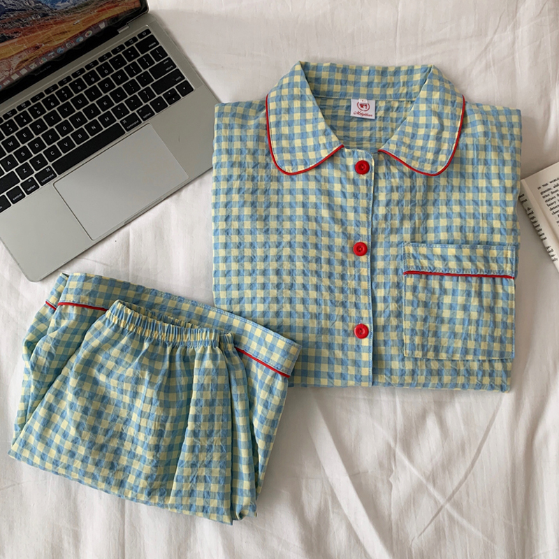 格子睡衣女夏季纯棉短袖短裤可外穿网红风家居服夏天全棉两件套装