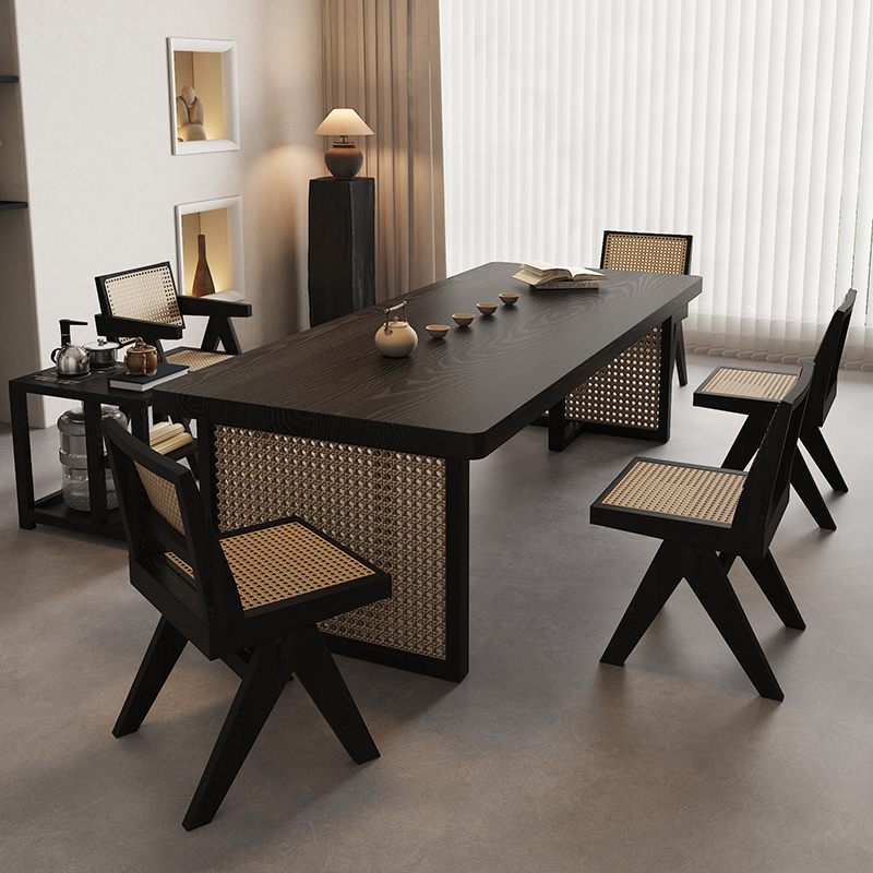 侘寂风实木藤编茶桌椅简约家用小户型茶几黑色实木长方形茶桌茶台