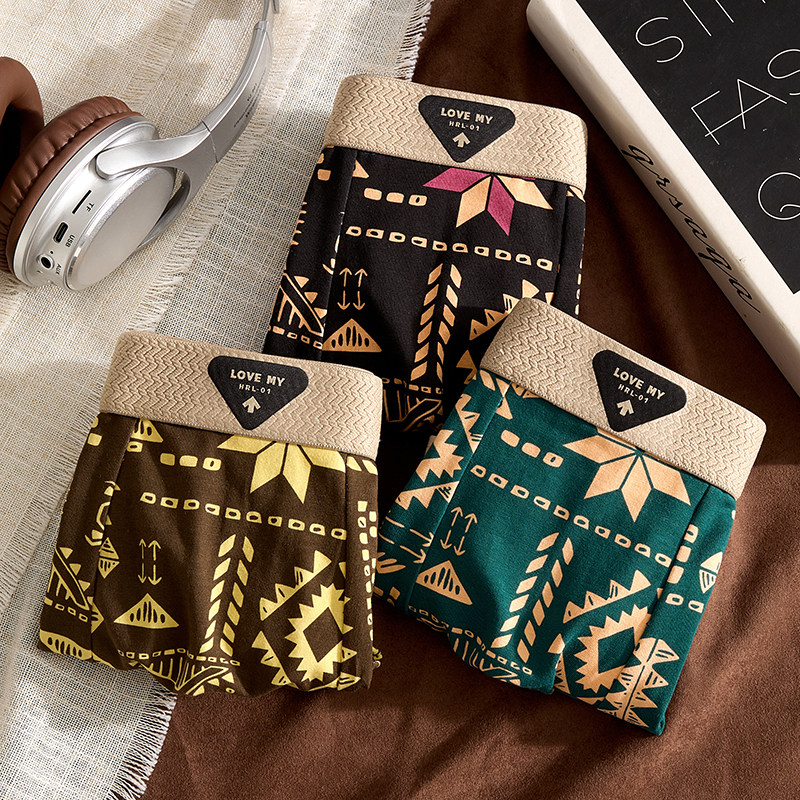 YOIKOOBEAN复古民族风男士内裤男款纯棉透气潮流运动平角四角短裤,女士内衣/男士内衣/家居服,男平角内裤,淘宝优惠券,粉丝福利购,淘宝优惠卷