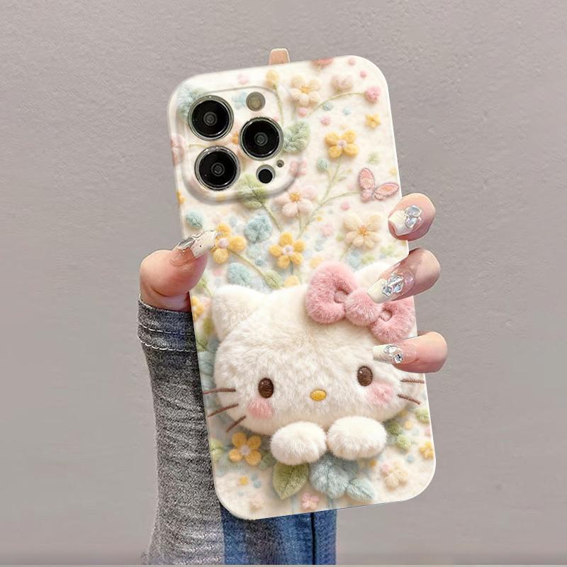 仿绒鲜花凯蒂适用于17苹果/华为/vivo/小米/oppo手机壳iPhone17promax/16菲林壳ip15/14/13/12小米17Mate70套