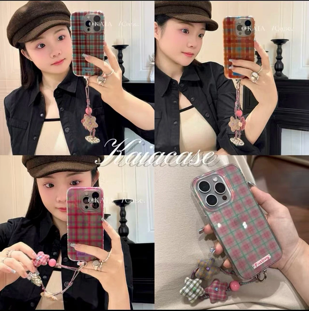 ins复古格纹适用于苹果15/16promax高透手机壳iPhone16Plus软壳13pro卡通ip14promax少女16PRO防摔12/11保护