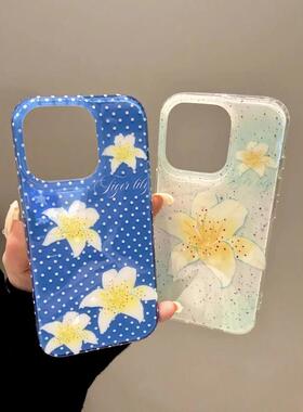 蓝底波点百合花适用iPhone16promax白色大孔IMD苹果15/14/13防摔手机壳华为mate70vivo小米14红米k70oppo保护