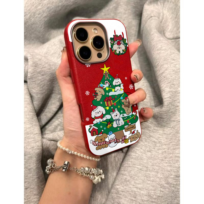 圣诞树棕白狗适用苹果17promax/16pro/15plus/14金属框皮纹手机壳iPhone13小众12promax新款11个性ip17pro套