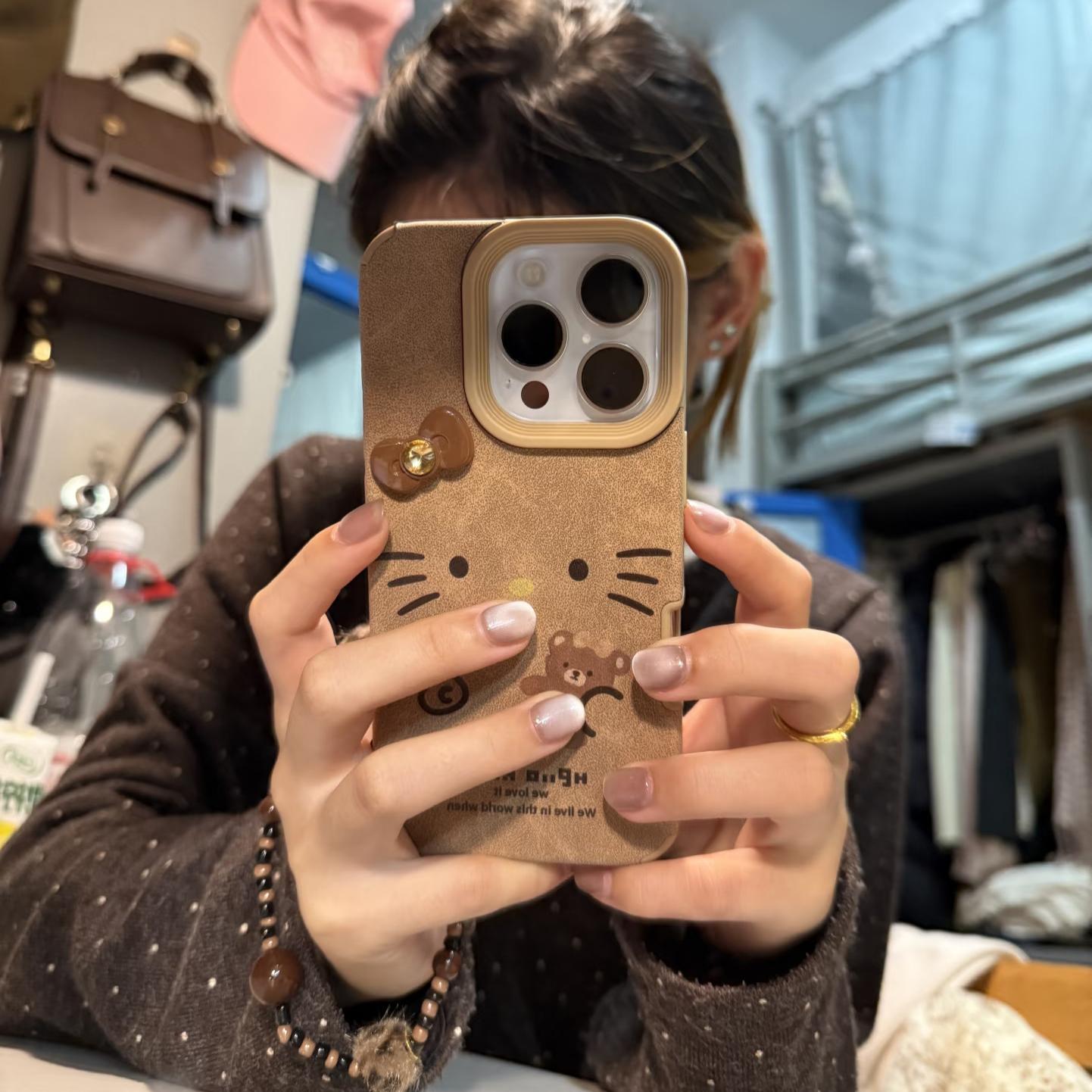 闪钻冬日小猫适用iPhone17苹果/华为/vivo/小米/oppo大孔贴皮手机壳ip16promax/15/14棕色Mate70/Pura70软套
