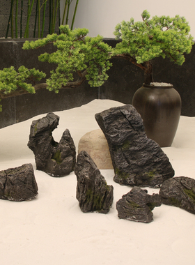 仿真英德石玻璃钢黑山石摆件鱼缸造景石假山假石头雕塑橱窗装饰品