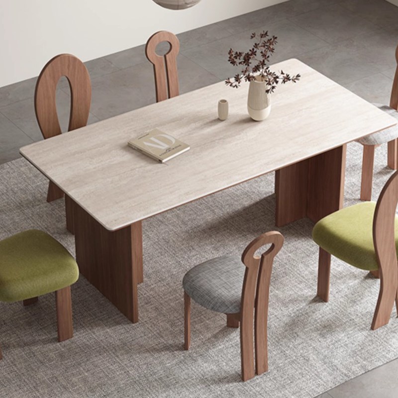 法式复古进口洞石岩板餐桌家用客厅小户型设计师长方形餐桌椅组合