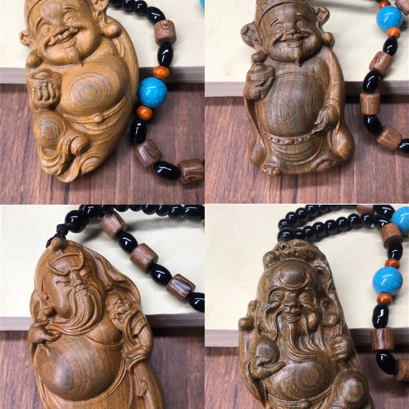 天然绿檀紫檀木雕刻财神关公观音弥勒实木人物车挂手把件挂饰