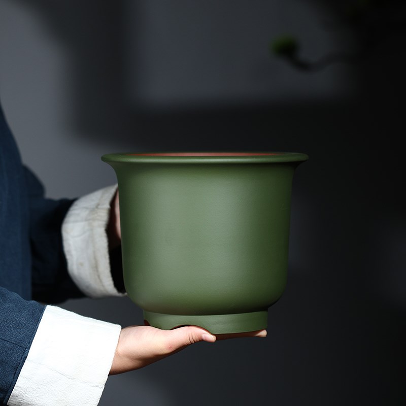 清香阁紫砂 绿泥粉浆金钟口径21cm 桌面春兰花盆室内绿植古典花器