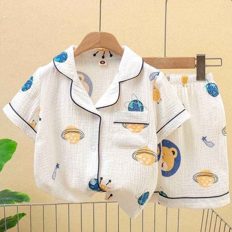 儿童双层棉纱睡衣短袖短裤开衫套装男童女童夏季薄款空调服家居服