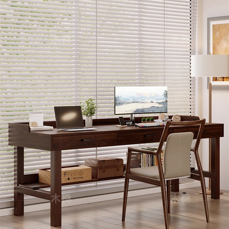 黑胡桃木实木书桌客厅书房带抽屉带挡板电脑桌家用靠墙办公学习桌