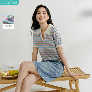 通勤彩条撞色短袖 茵曼简约POLO领彩虹针织衫 新款 2025夏季 上衣 女装